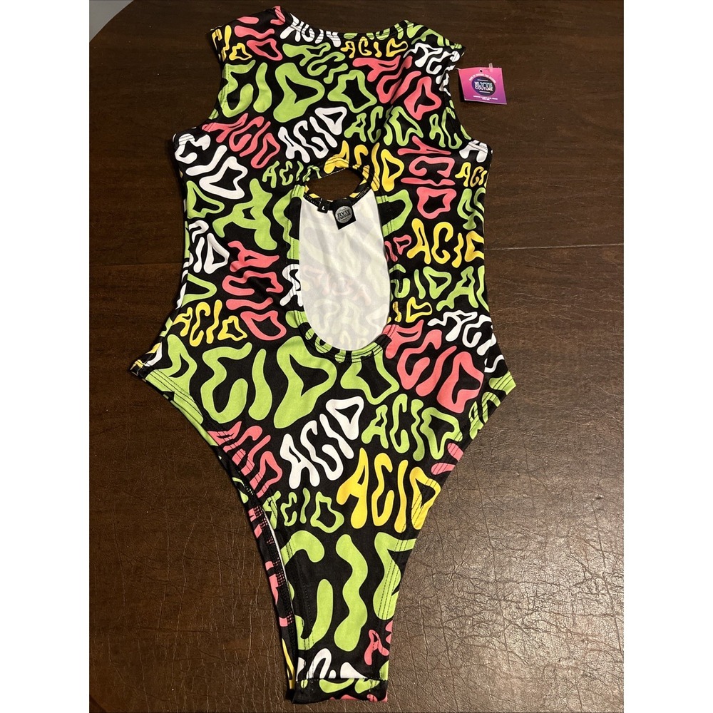 Lyte Couture Bodysuit Neon Black Cutout Ravers Acid Rave Festival Sz Large